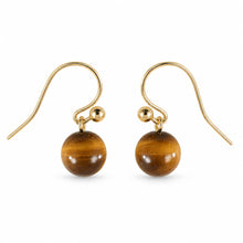 Load image into Gallery viewer, Dangle Stud Earrings Brown Tiger's Eye 14k Yellow Gold Fish Hook Gold Ball