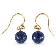 Load image into Gallery viewer, 14kt Solid Yellow Gold Fish Hook Gold Ball Blue Lapis Lazuli Dangle Earrings