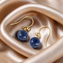 Load image into Gallery viewer, 14kt Solid Yellow Gold Fish Hook Gold Ball Blue Lapis Lazuli Dangle Earrings