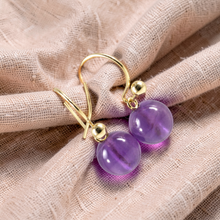 Load image into Gallery viewer, 14kt Yellow Solid Gold Fish Hook Gold Ball Dangle Purple Amethyst Earrings