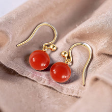 Load image into Gallery viewer, 14kt Yellow Solid Gold Fish Hook Gold Ball Dangle Red Carnelian Earrings