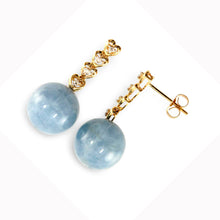 Load image into Gallery viewer, 12mm Blue Aquamarine &amp; Diamonds 14k Yellow Gold Dangle Earrings