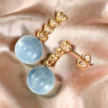 Load image into Gallery viewer, 12mm Blue Aquamarine &amp; Diamonds 14k Yellow Gold Dangle Earrings