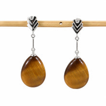 Load image into Gallery viewer, Diamond &amp; Raindrop Brown Tiger Eye Dangle Stud Earrings 14k White Solid Gold