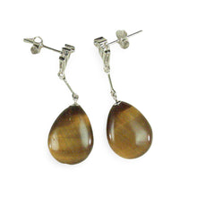 Load image into Gallery viewer, Diamond &amp; Raindrop Brown Tiger Eye Dangle Stud Earrings 14k White Solid Gold