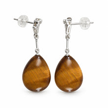 Load image into Gallery viewer, Diamond &amp; Raindrop Brown Tiger Eye Dangle Stud Earrings 14k White Solid Gold