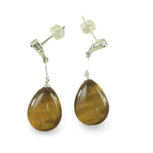 Load image into Gallery viewer, Diamond &amp; Raindrop Brown Tiger Eye Dangle Stud Earrings 14k White Solid Gold