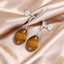 Load image into Gallery viewer, Diamond &amp; Raindrop Brown Tiger Eye Dangle Stud Earrings 14k White Solid Gold