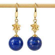 Load image into Gallery viewer, 14kt Solid Yellow Gold Hawaiian Plumeria Blue Lapis Lazuli Hook Earrings