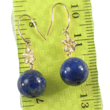 Load image into Gallery viewer, 14kt Solid Yellow Gold Hawaiian Plumeria Blue Lapis Lazuli Hook Earrings
