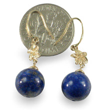 Load image into Gallery viewer, 14kt Solid Yellow Gold Hawaiian Plumeria Blue Lapis Lazuli Hook Earrings