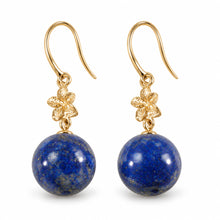 Load image into Gallery viewer, 14kt Solid Yellow Gold Hawaiian Plumeria Blue Lapis Lazuli Hook Earrings
