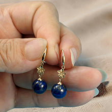 Load image into Gallery viewer, 14kt Solid Yellow Gold Hawaiian Plumeria Blue Lapis Lazuli Hook Earrings