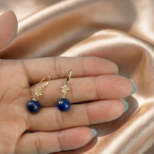 Load image into Gallery viewer, 14kt Solid Yellow Gold Hawaiian Plumeria Blue Lapis Lazuli Hook Earrings