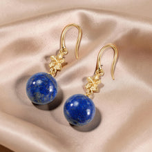 Load image into Gallery viewer, 14kt Solid Yellow Gold Hawaiian Plumeria Blue Lapis Lazuli Hook Earrings