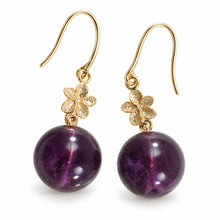 Load image into Gallery viewer, 14kt Yellow Gold Hawaiian Plumeria Genuine Purple Amethyst Hook Earrings