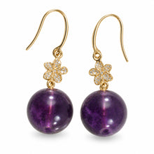 Load image into Gallery viewer, 14kt Yellow Gold Hawaiian Plumeria Genuine Purple Amethyst Hook Earrings