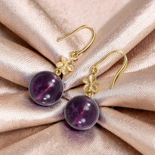 Load image into Gallery viewer, 14kt Yellow Gold Hawaiian Plumeria Genuine Purple Amethyst Hook Earrings