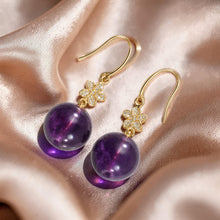 Load image into Gallery viewer, 14kt Yellow Gold Hawaiian Plumeria Genuine Purple Amethyst Hook Earrings