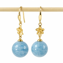 Load image into Gallery viewer, 14k Solid Gold Hawaiian Plumeria 10mm Bead Blue Aquamarine Hook Earrings