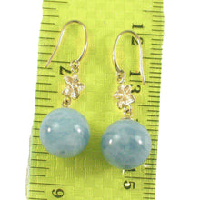 Load image into Gallery viewer, 14k Solid Gold Hawaiian Plumeria 10mm Bead Blue Aquamarine Hook Earrings