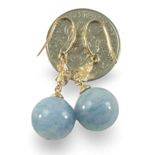 Load image into Gallery viewer, 14k Solid Gold Hawaiian Plumeria 10mm Bead Blue Aquamarine Hook Earrings