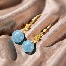 Load image into Gallery viewer, 14k Solid Gold Hawaiian Plumeria 10mm Bead Blue Aquamarine Hook Earrings