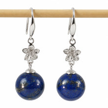 Load image into Gallery viewer, 14k White Gold Hawaiian Plumeria 9-9.5mm Bead Blue Lapis Lazuli Hook Earrings