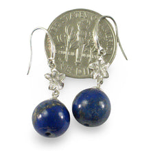 Load image into Gallery viewer, 14k White Gold Hawaiian Plumeria 9-9.5mm Bead Blue Lapis Lazuli Hook Earrings