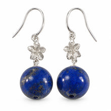 Load image into Gallery viewer, 14k White Gold Hawaiian Plumeria 9-9.5mm Bead Blue Lapis Lazuli Hook Earrings