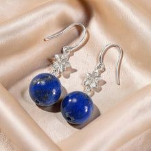Load image into Gallery viewer, 14k White Gold Hawaiian Plumeria 9-9.5mm Bead Blue Lapis Lazuli Hook Earrings
