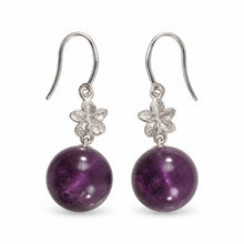 Load image into Gallery viewer, 14k White Gold Hawaiian Plumeria Genuine Purple Amethyst Hook Earrings