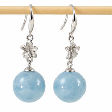 Load image into Gallery viewer, 14k Solid White Gold Hawaiian Plumeria 10mm Bead Blue Aquamarine Hook Earrings