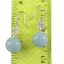 Load image into Gallery viewer, 14k Solid White Gold Hawaiian Plumeria 10mm Bead Blue Aquamarine Hook Earrings