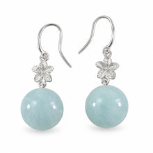 Load image into Gallery viewer, 14k Solid White Gold Hawaiian Plumeria 10mm Bead Blue Aquamarine Hook Earrings