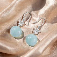 Load image into Gallery viewer, 14k Solid White Gold Hawaiian Plumeria 10mm Bead Blue Aquamarine Hook Earrings