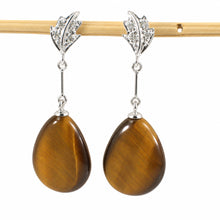 Load image into Gallery viewer, 14k White Solid Gold Diamond &amp; Raindrop Brown Tiger Eye Dangle Stud Earrings