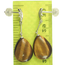 Load image into Gallery viewer, 14k White Solid Gold Diamond &amp; Raindrop Brown Tiger Eye Dangle Stud Earrings