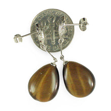 Load image into Gallery viewer, 14k White Solid Gold Diamond &amp; Raindrop Brown Tiger Eye Dangle Stud Earrings