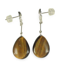 Load image into Gallery viewer, 14k White Solid Gold Diamond &amp; Raindrop Brown Tiger Eye Dangle Stud Earrings