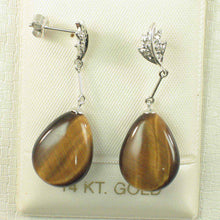 Load image into Gallery viewer, 14k White Solid Gold Diamond &amp; Raindrop Brown Tiger Eye Dangle Stud Earrings