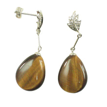 Load image into Gallery viewer, 14k White Solid Gold Diamond &amp; Raindrop Brown Tiger Eye Dangle Stud Earrings