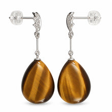 Load image into Gallery viewer, 14k White Solid Gold Diamond &amp; Raindrop Brown Tiger Eye Dangle Stud Earrings