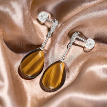 Load image into Gallery viewer, 14k White Solid Gold Diamond &amp; Raindrop Brown Tiger Eye Dangle Stud Earrings