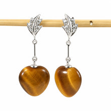 Load image into Gallery viewer, 14k White Solid Gold Diamond &amp; Heart Brown Tiger Eye Dangle Stud Earrings