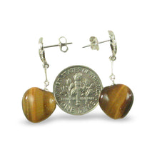 Load image into Gallery viewer, 14k White Solid Gold Diamond &amp; Heart Brown Tiger Eye Dangle Stud Earrings