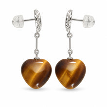 Load image into Gallery viewer, 14k White Solid Gold Diamond &amp; Heart Brown Tiger Eye Dangle Stud Earrings
