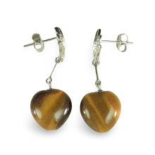 Load image into Gallery viewer, 14k White Solid Gold Diamond &amp; Heart Brown Tiger Eye Dangle Stud Earrings