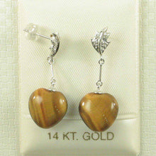 Load image into Gallery viewer, 14k White Solid Gold Diamond &amp; Heart Brown Tiger Eye Dangle Stud Earrings