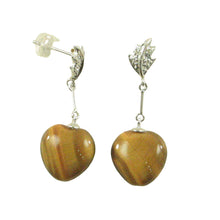 Load image into Gallery viewer, 14k White Solid Gold Diamond &amp; Heart Brown Tiger Eye Dangle Stud Earrings
